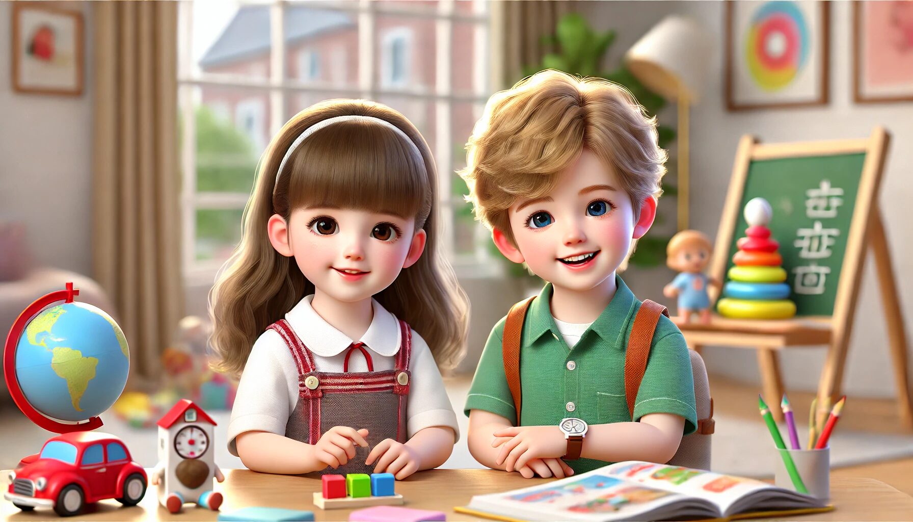 小学生低学年の男の子と女の子が一緒に遊んでいる画像